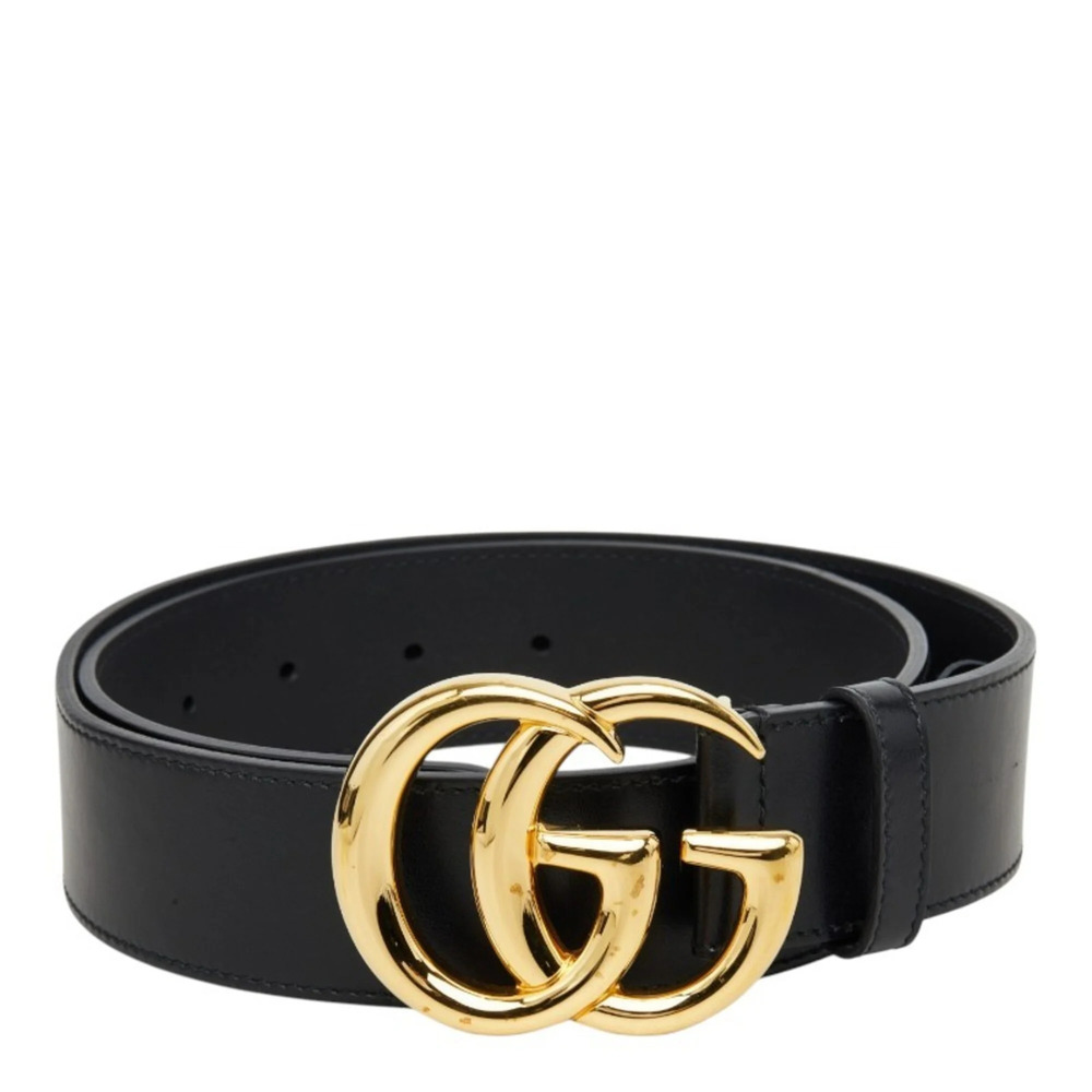 Gucci GG Marmont Double G Shiny Buckle Wide Belt 406831 Gold Black Leather Me...
